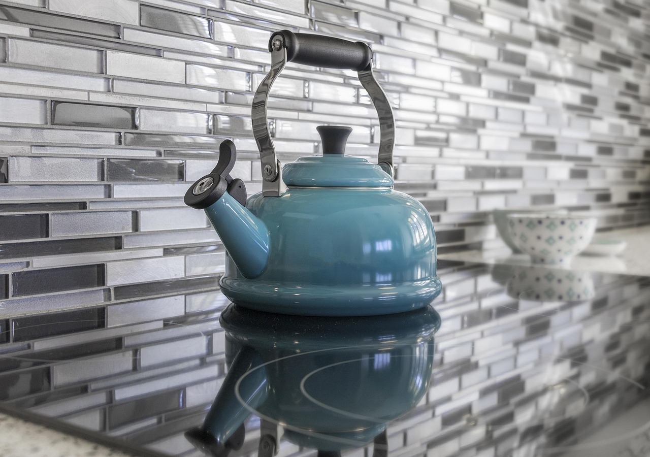Kitchen counter with a blue teapot